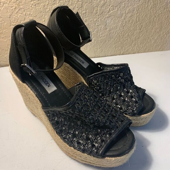 Steve Madden Black Basket Weave Wedge Platform Leather and Rope Sandall Size 7M - Picture 1 of 8